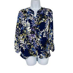 IMAN Tuck Style Faux Wrap Black Floral Print Blouse Size M